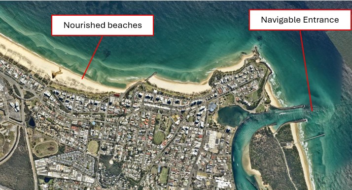 Vertical Image from 2025 showing nourished southern Gold Coast beaches and a navigable Tweed River entrance
